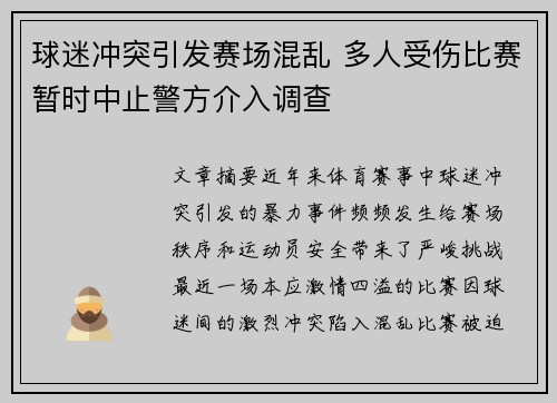 球迷冲突引发赛场混乱 多人受伤比赛暂时中止警方介入调查