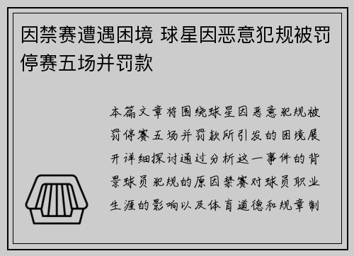 因禁赛遭遇困境 球星因恶意犯规被罚停赛五场并罚款