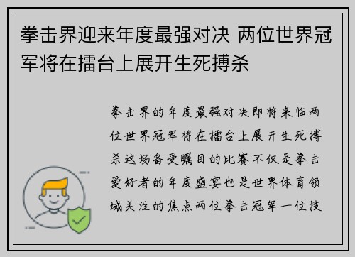 拳击界迎来年度最强对决 两位世界冠军将在擂台上展开生死搏杀